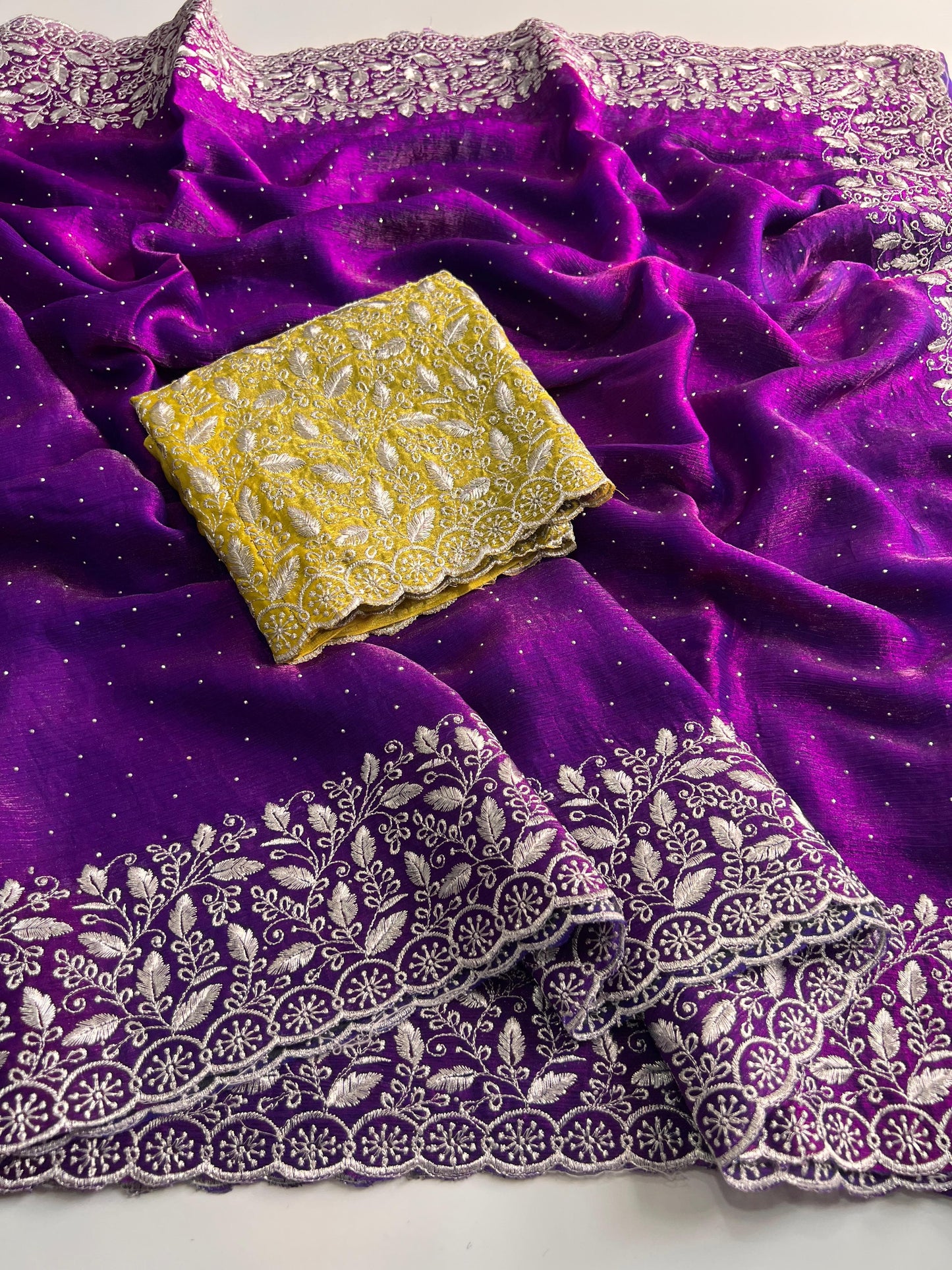 Premium Purple Chiffon Saree with Silver Zari Work & Contrast Blouse