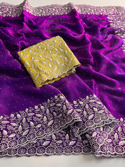 Premium Purple Chiffon Saree with Silver Zari Work & Contrast Blouse