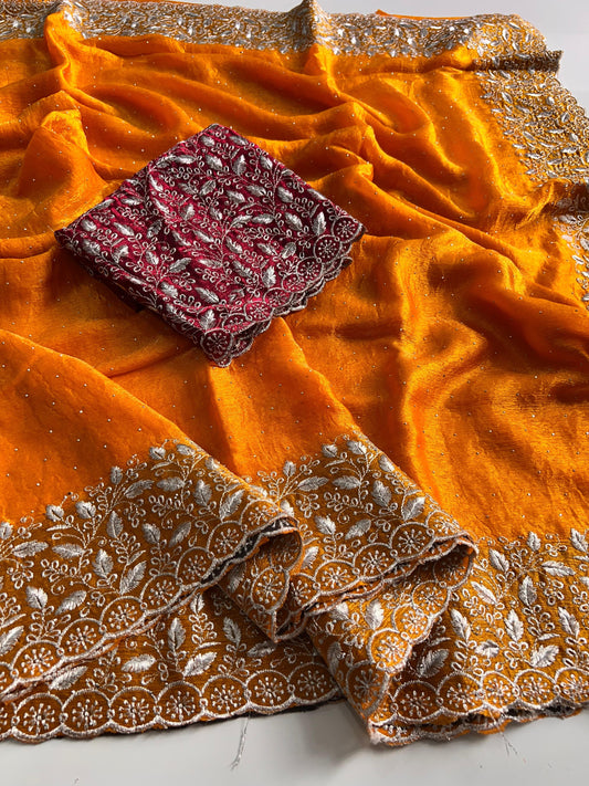 Premium Orange Chiffon Saree with Silver Zari Work & Contrast Blouse