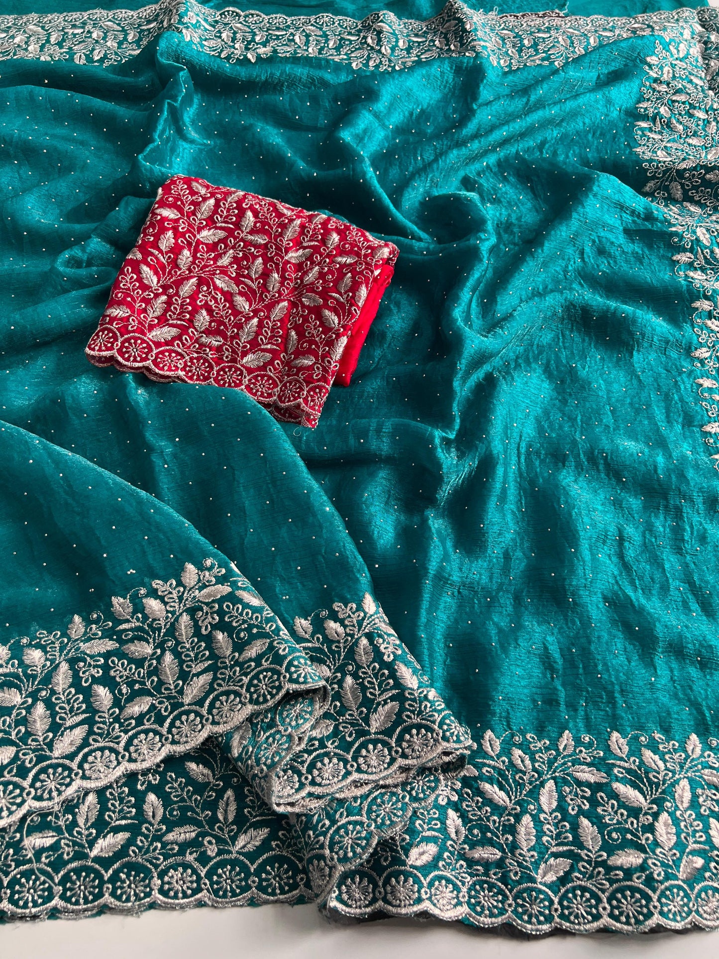Premium Teal Chiffon Saree with Silver Zari Work & Contrast Blouse