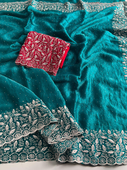 Premium Teal Chiffon Saree with Silver Zari Work & Contrast Blouse
