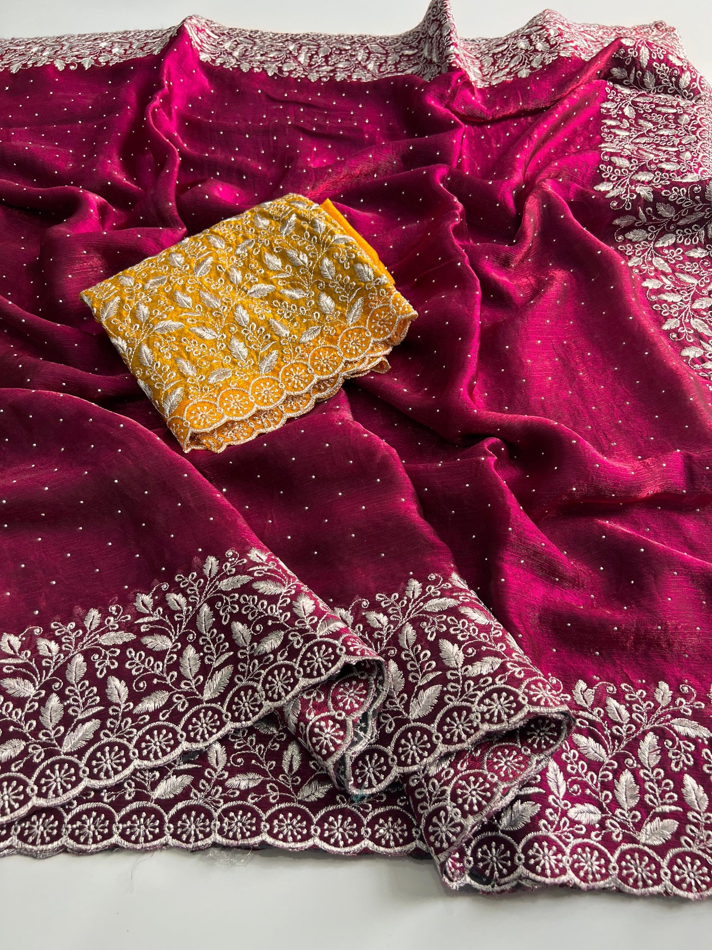 Premium Pink Chiffon Saree with Silver Zari Work & Contrast Blouse