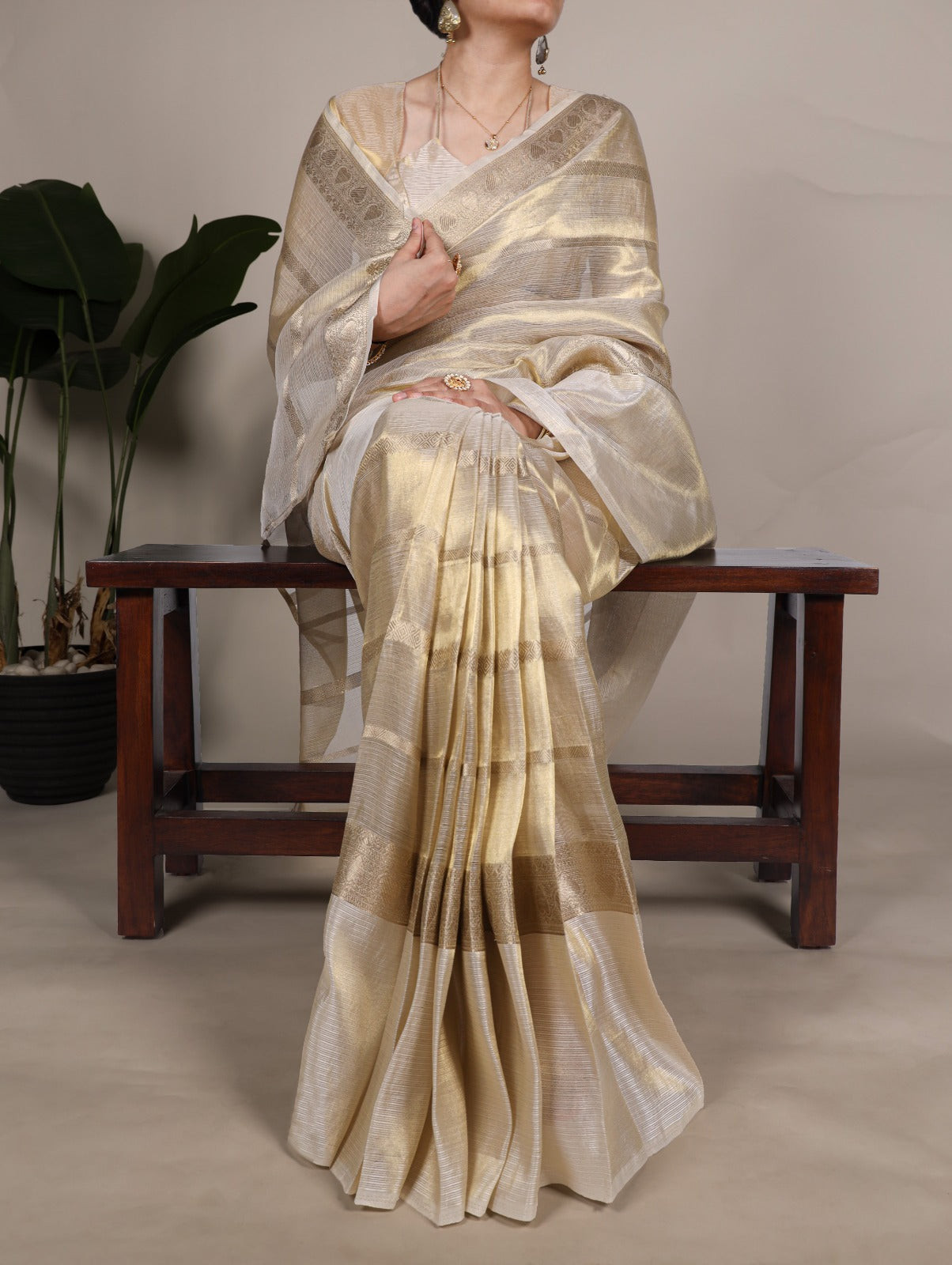 Handwoven Golden Tissue Silk Saree – Classic South Indian Style