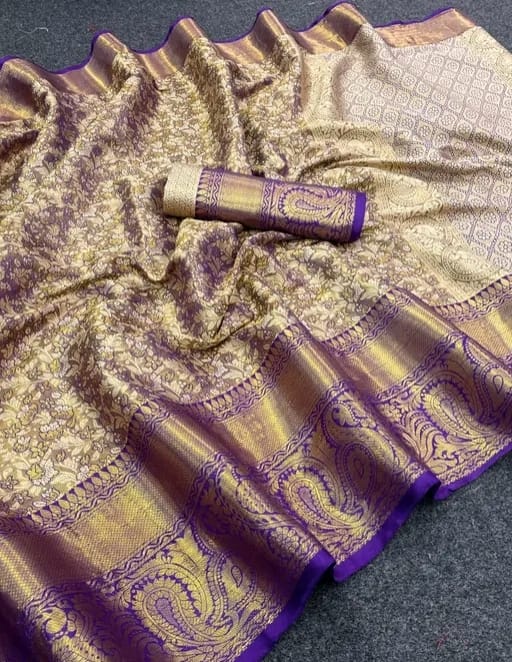 ELEGANT PURPLE & GOLD KANJIVARAM SILK SAREE – HANDWOVEN BRIDAL WEAR