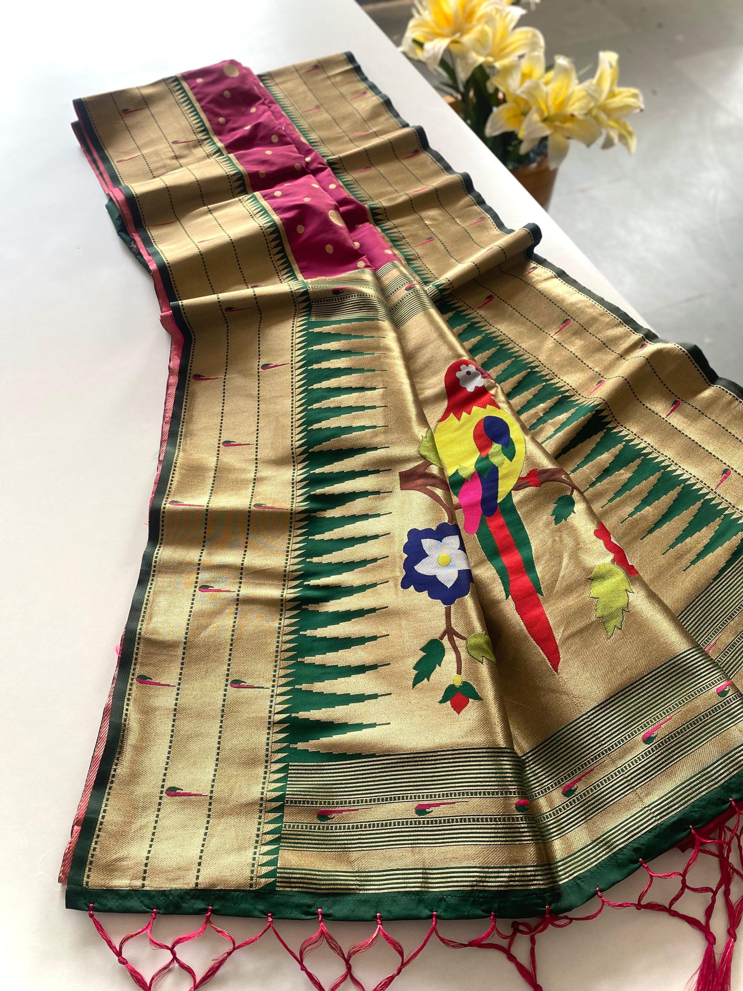 Festive Paithani Silk Saree – Polka Design & Parrot Embroidered Pallu