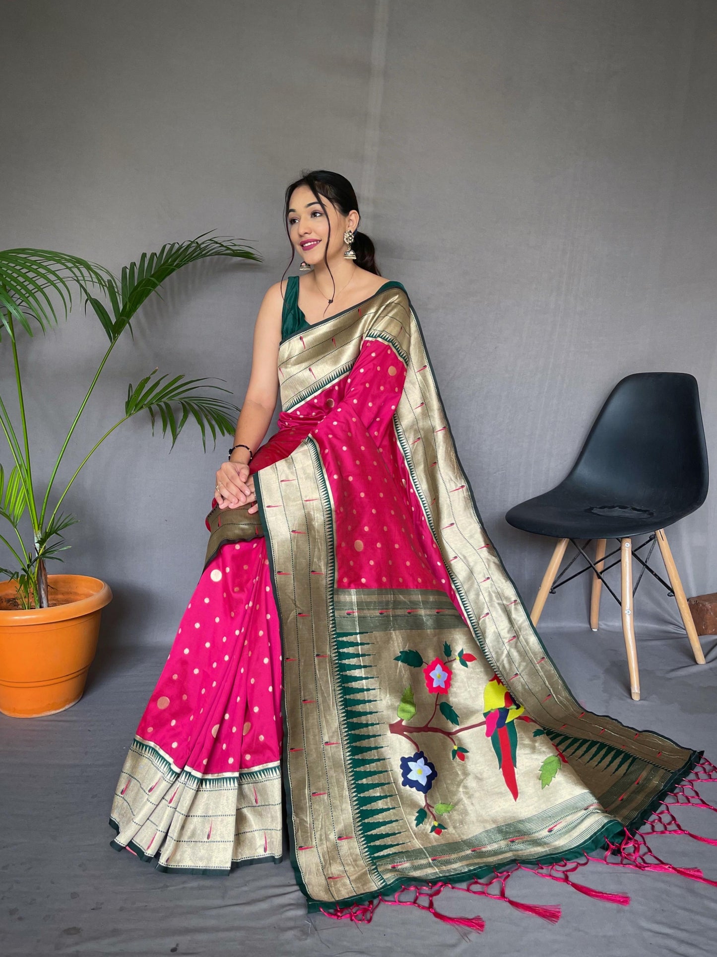 Festive Paithani Silk Saree – Polka Design & Parrot Embroidered Pallu