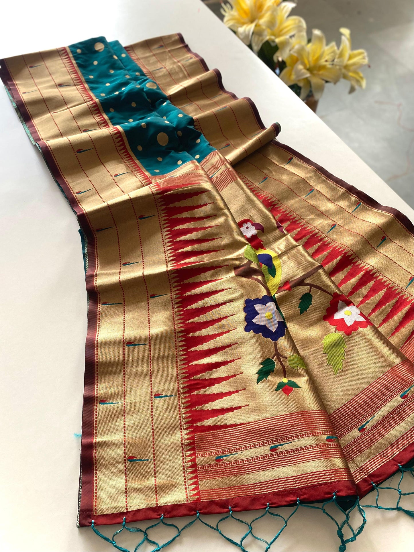 Festive Paithani Silk Saree – Polka Design & Parrot Embroidered Pallu