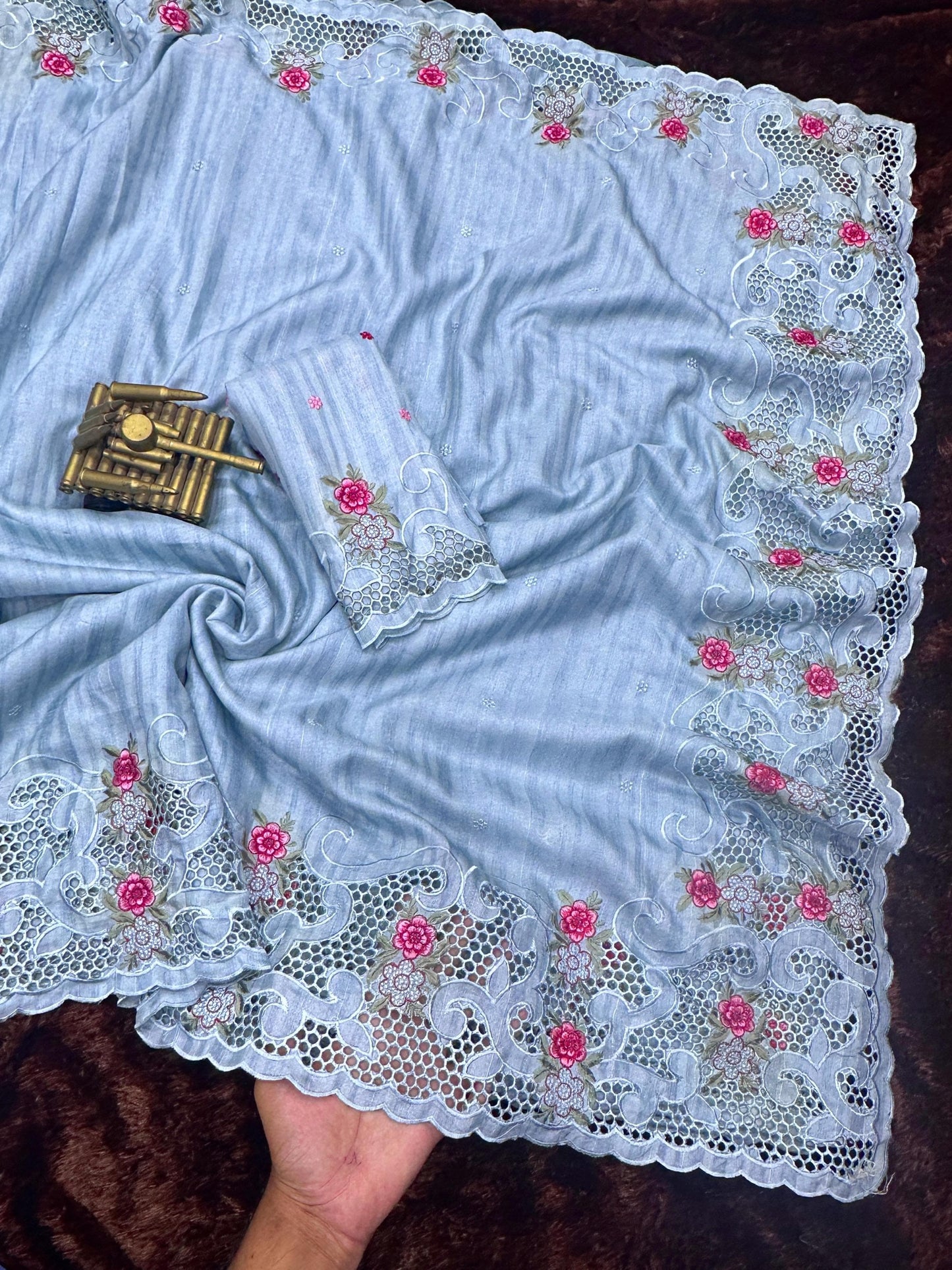 Elegant Sky Blue Tusser Cotton Saree with Floral Cutwork Embroidery