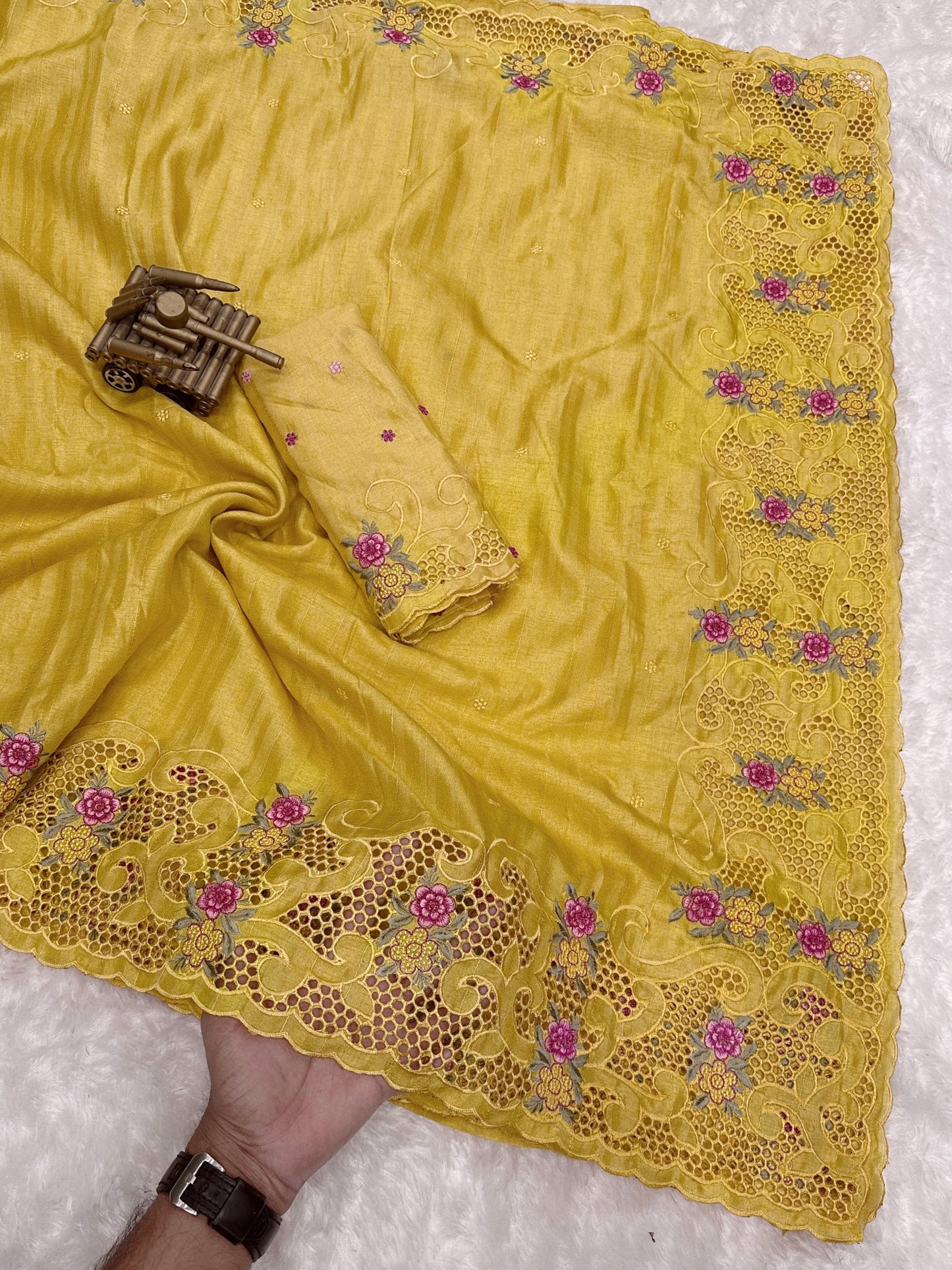 Elegant Tusser Cotton Saree with Floral Cutwork Embroidery