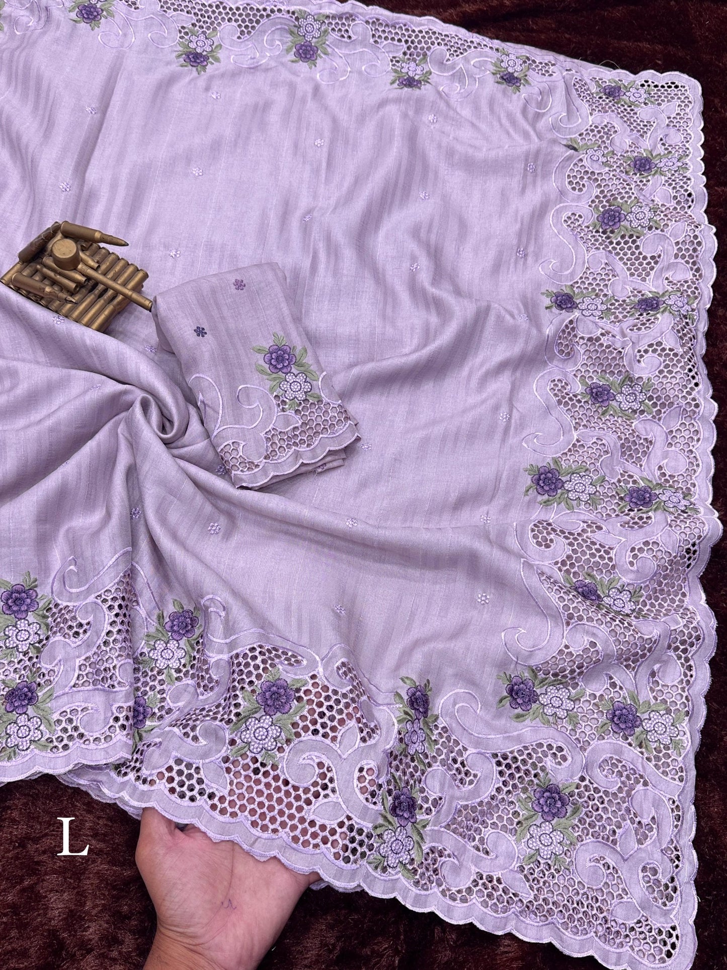 Elegant Tusser Cotton Saree with Floral Cutwork Embroidery