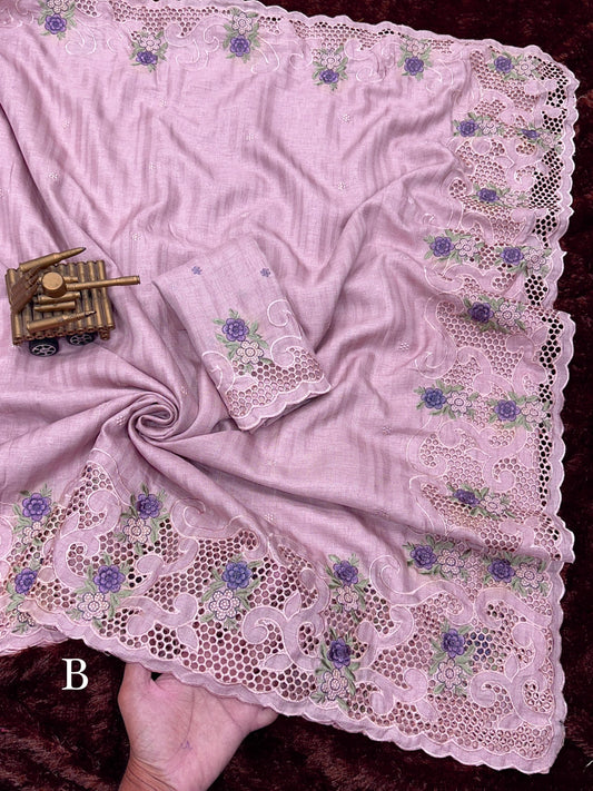 Elegant Pink Tusser Cotton Saree with Floral Cutwork Embroidery