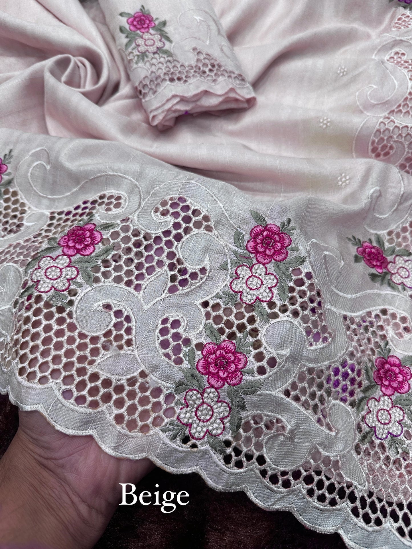 Elegant White Tusser Cotton Saree with Floral Cutwork Embroidery