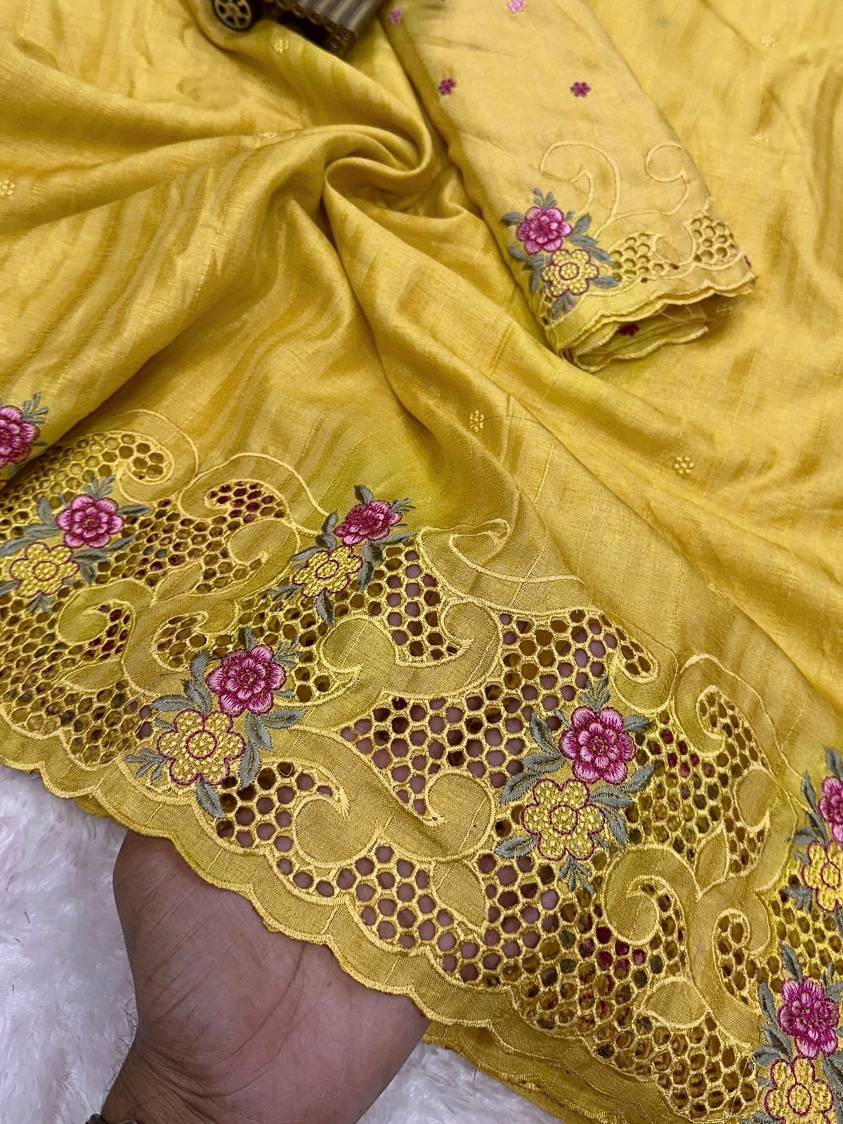 Elegant Tusser Cotton Saree with Floral Cutwork Embroidery