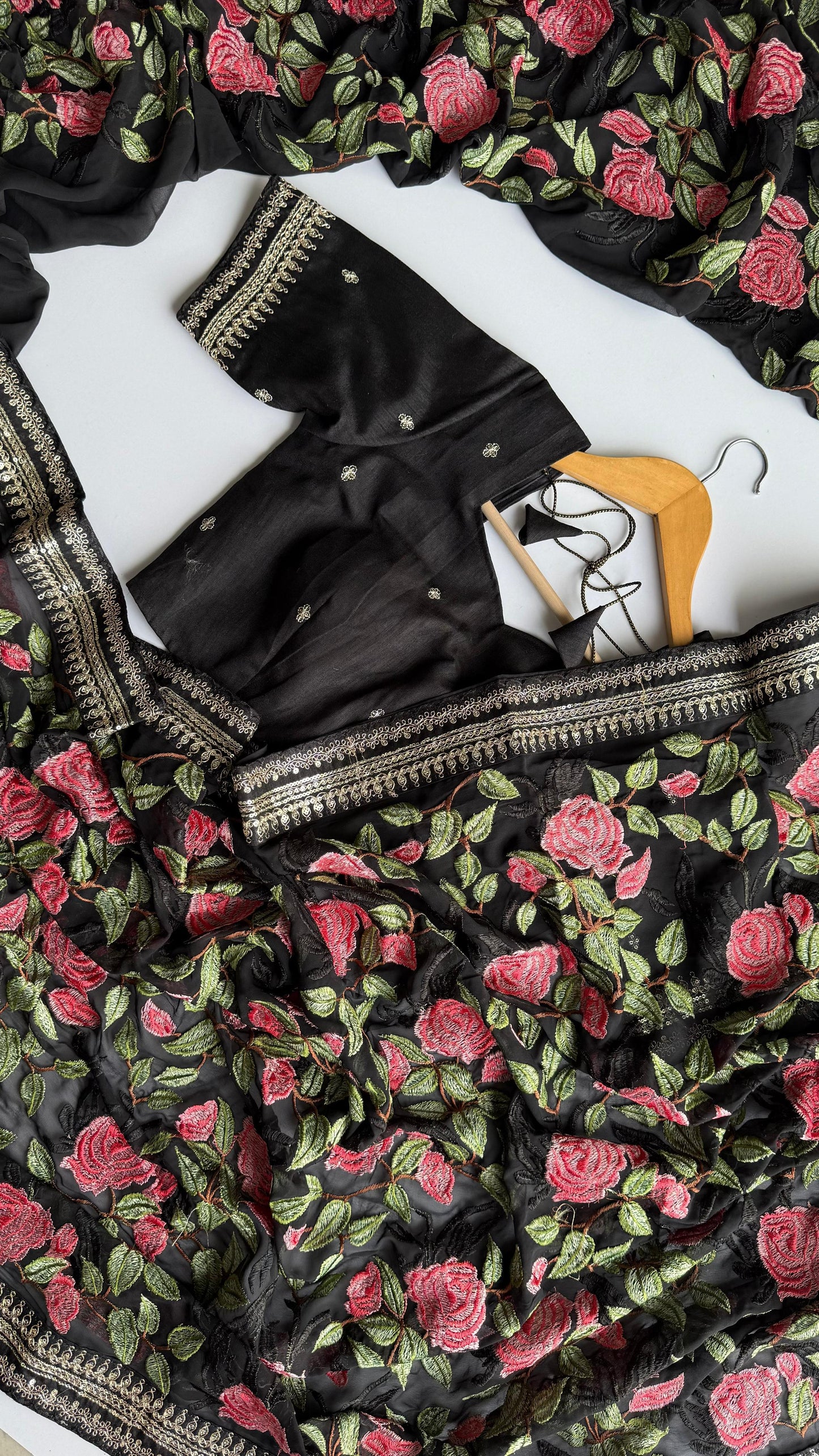 Black Georgette Saree with Rose Prints & Antique Border