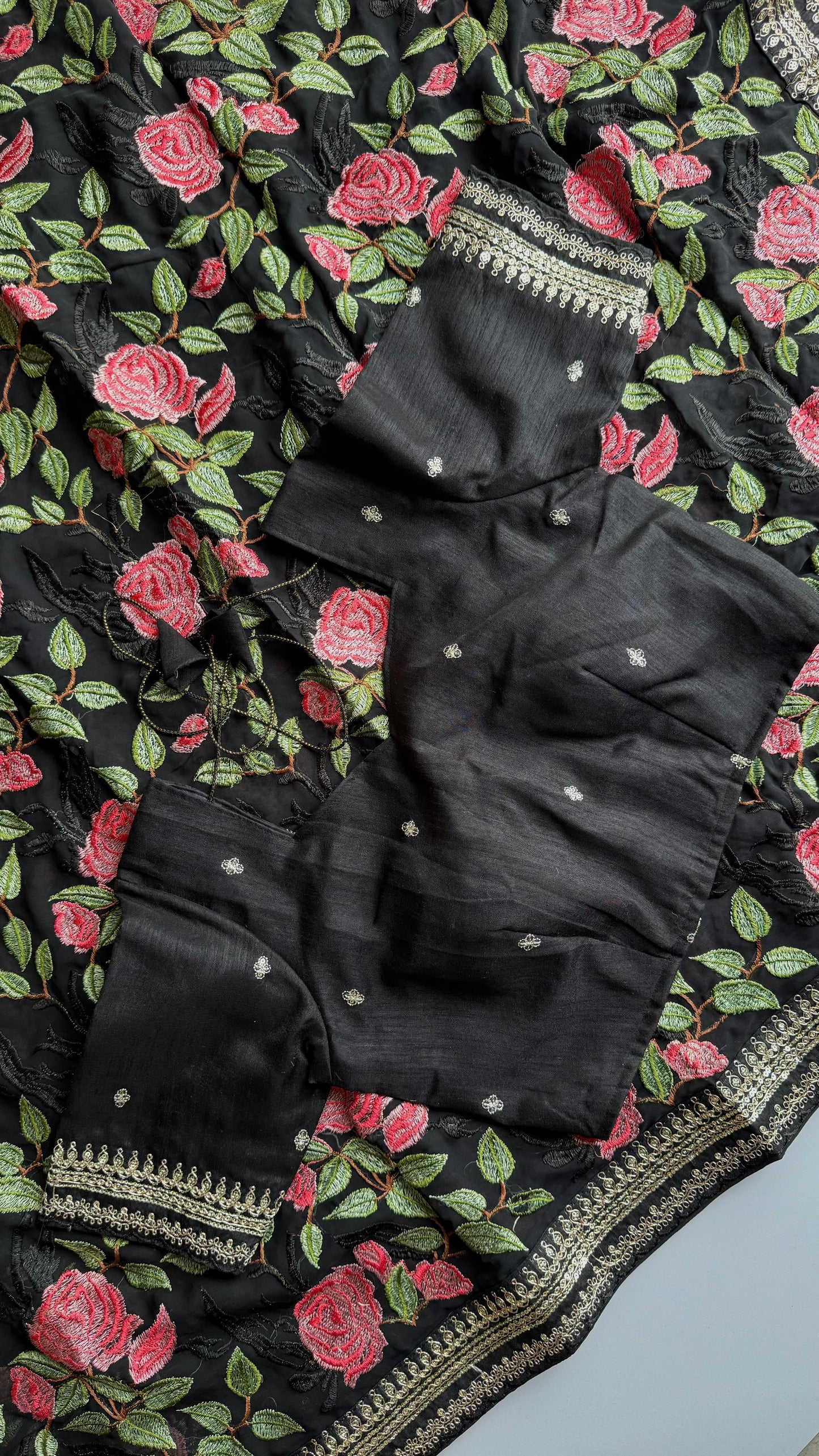 Black Georgette Saree with Rose Prints & Antique Border