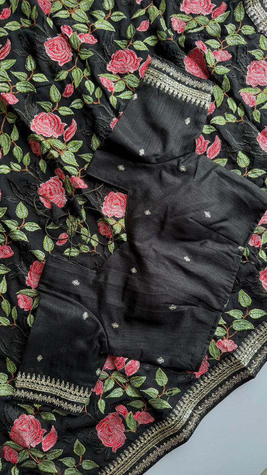 Black Georgette Saree with Rose Prints & Antique Border