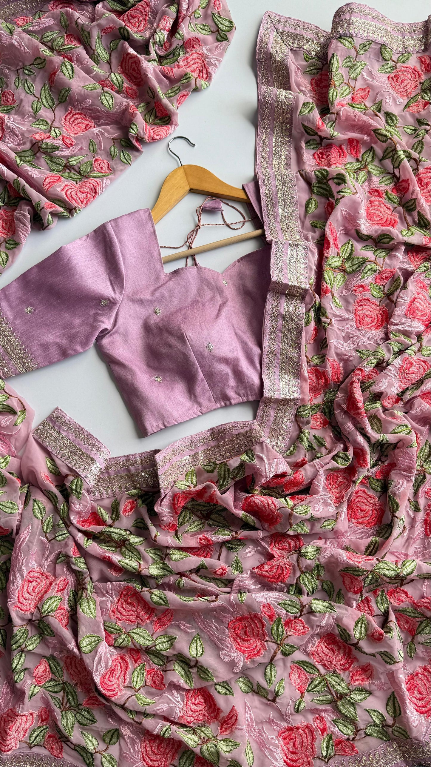 Pink Georgette Saree with Rose Prints & Antique Border