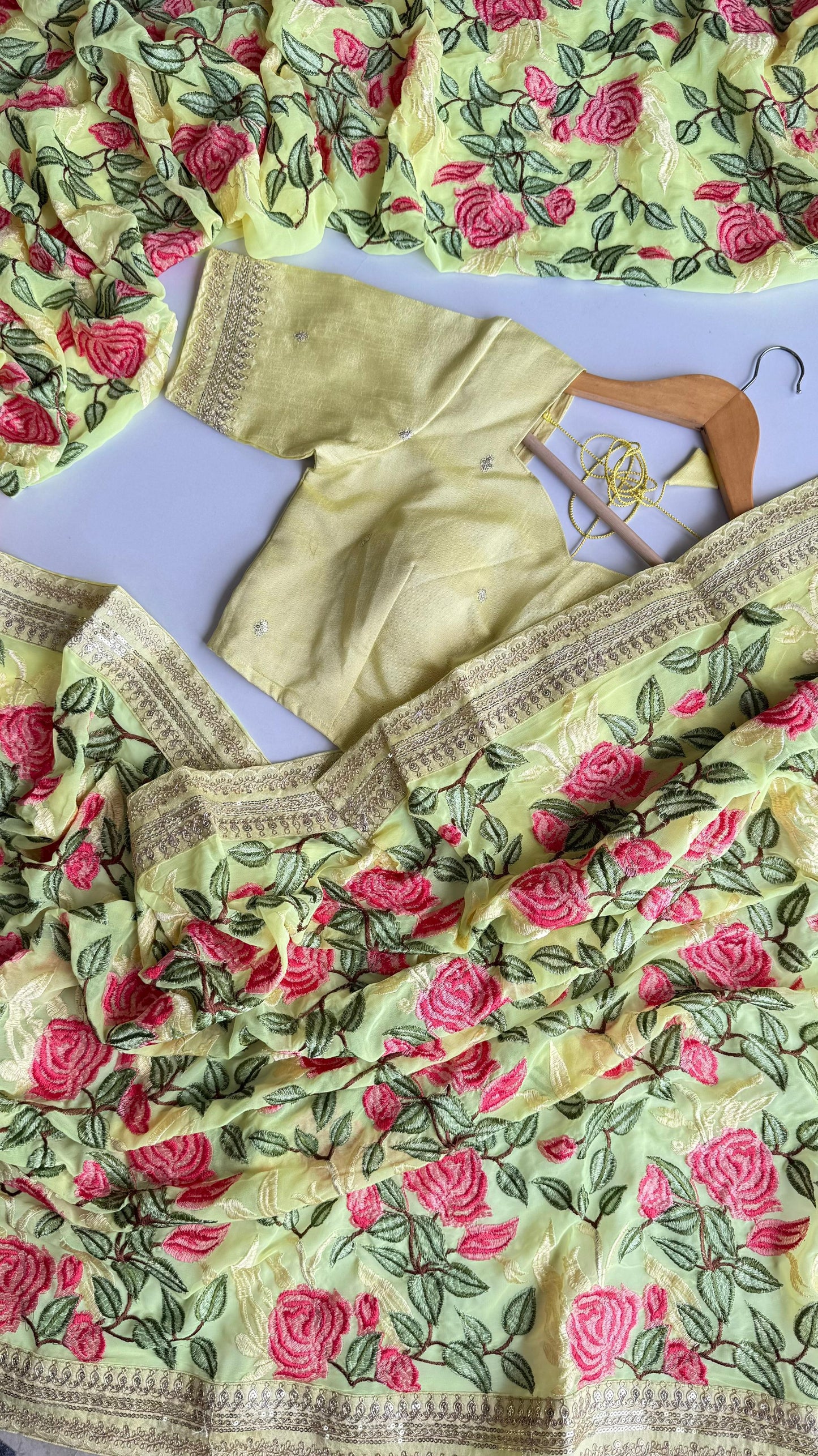 Yellow Georgette Saree with Rose Prints & Antique Border