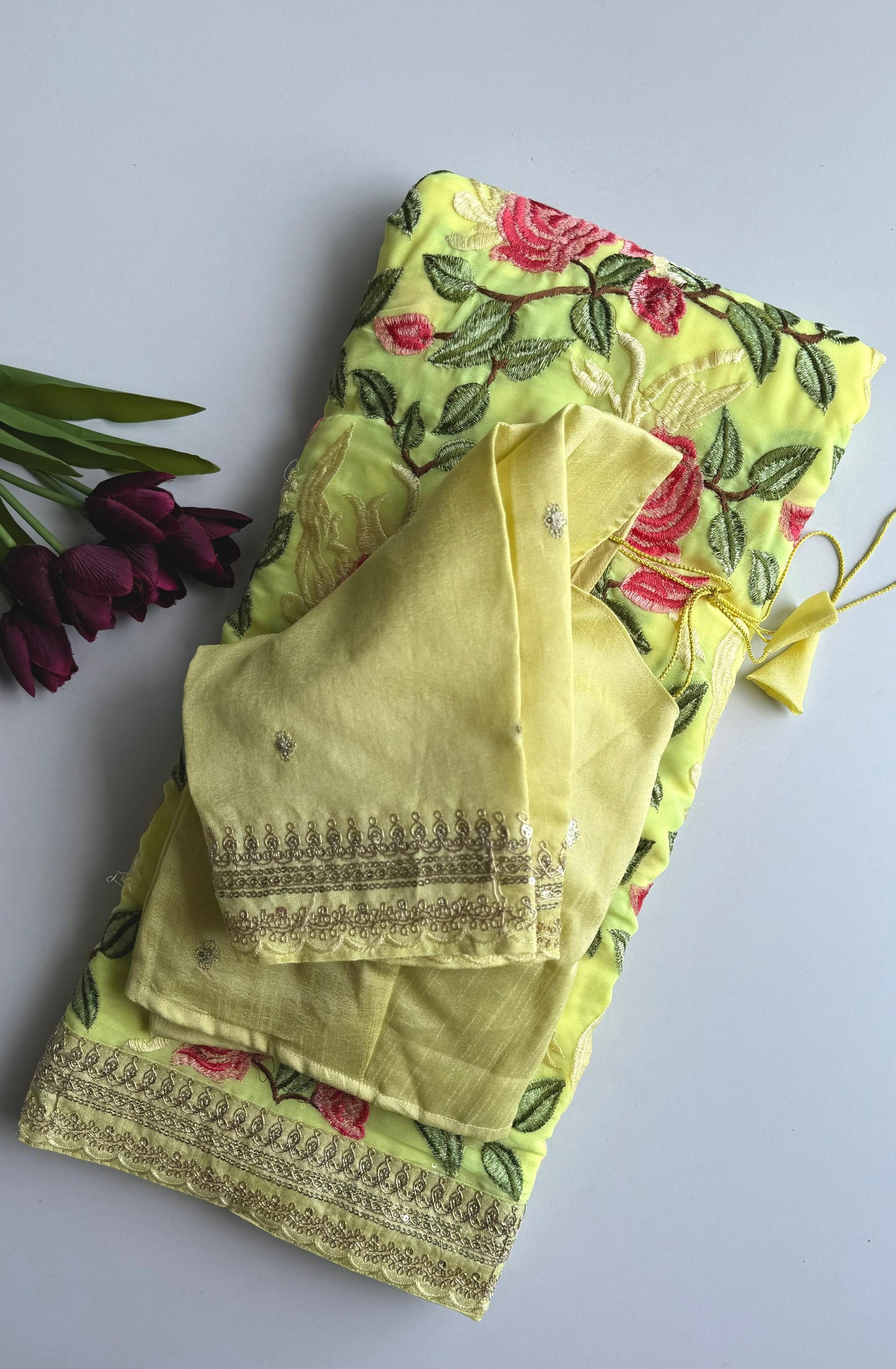 Yellow Georgette Saree with Rose Prints & Antique Border
