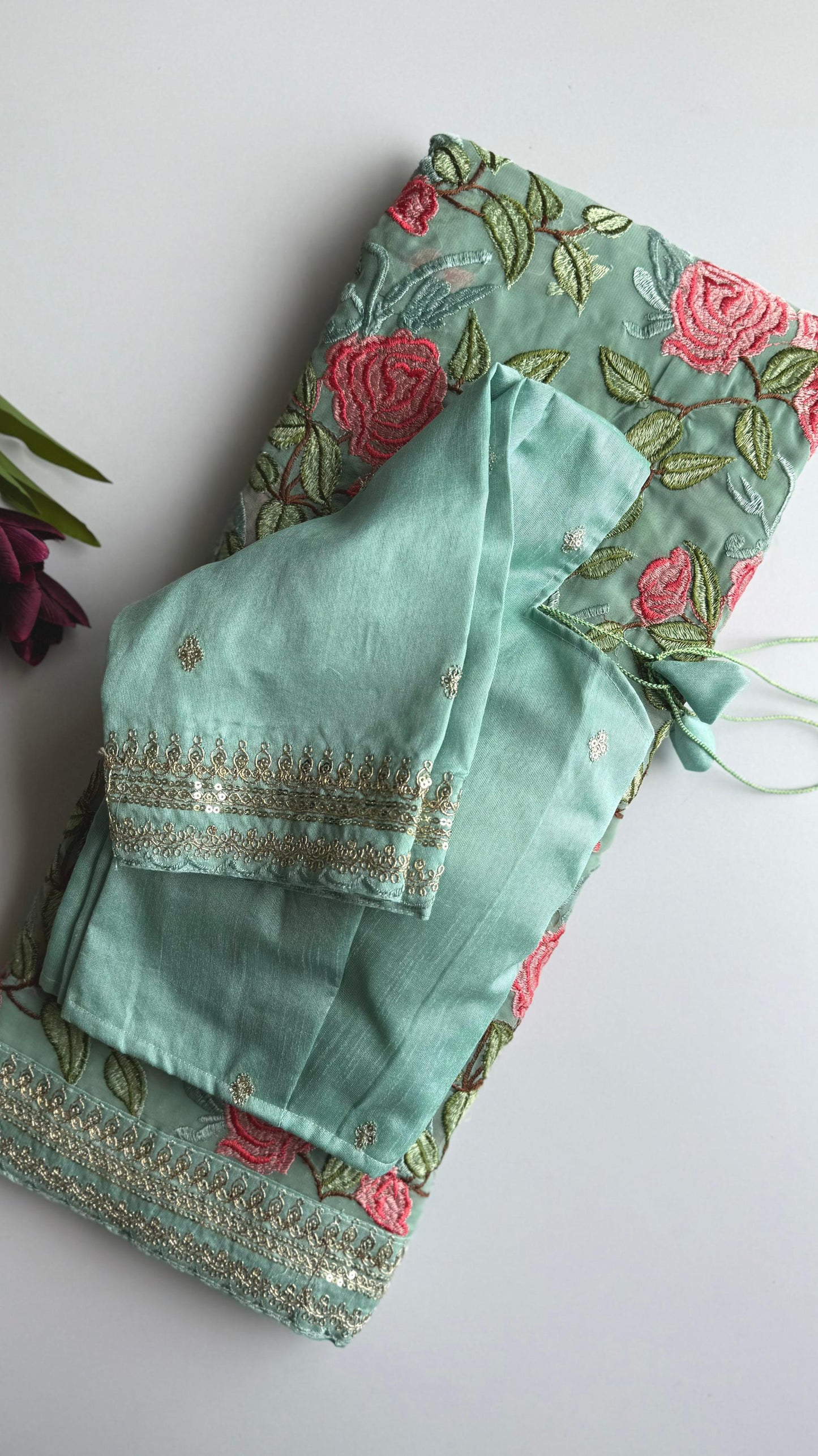 Sky  Georgette Saree with Rose Prints & Antique Border