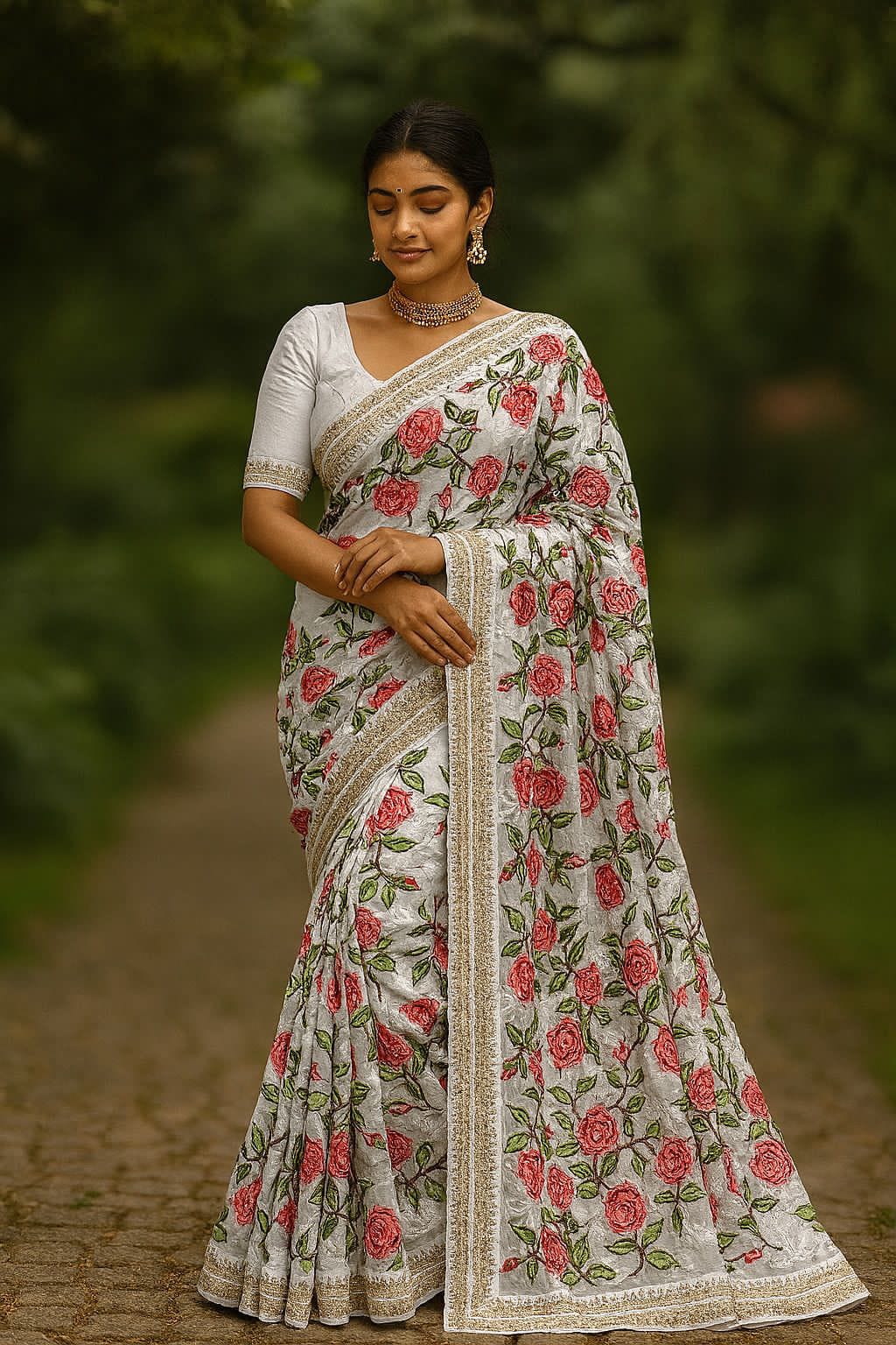 White Georgette Saree with Rose Prints & Antique Border