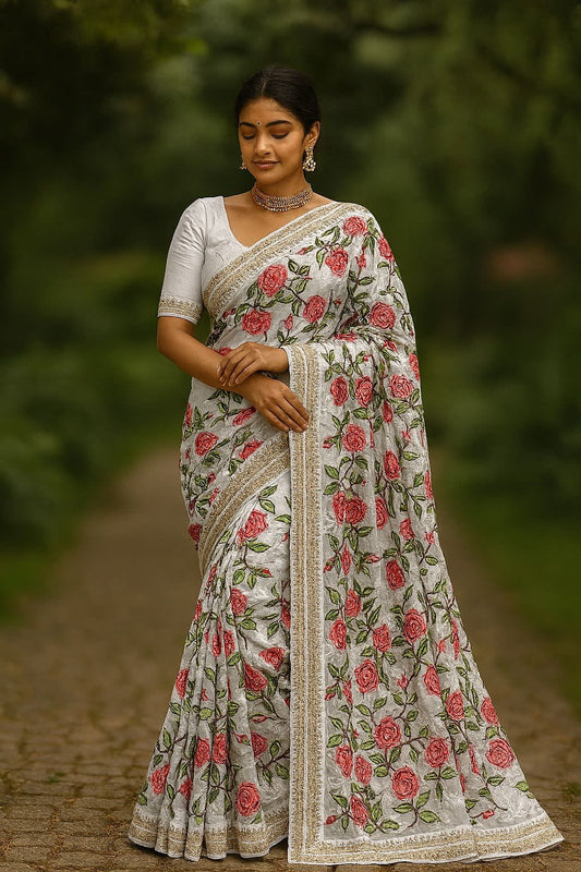 White Georgette Saree with Rose Prints & Antique Border