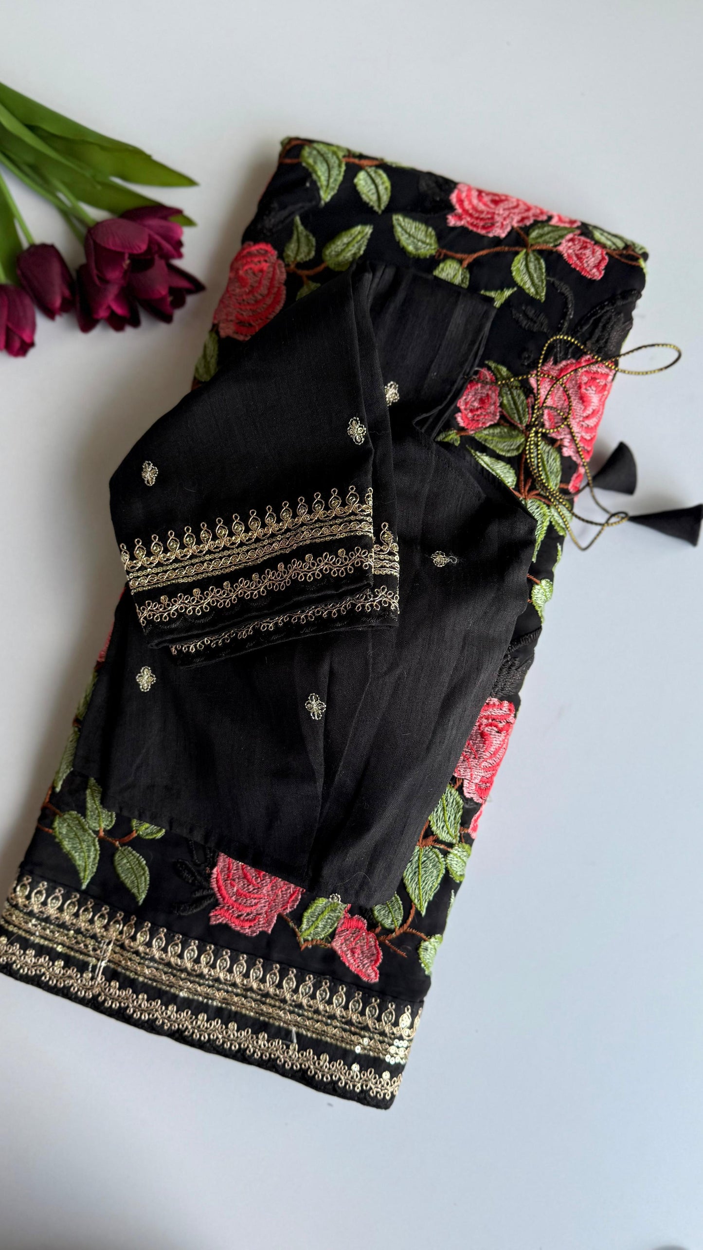 Black Georgette Saree with Rose Prints & Antique Border