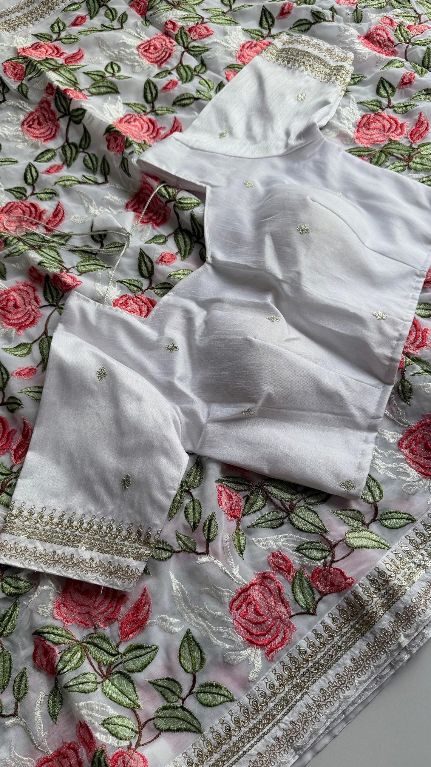 White Georgette Saree with Rose Prints & Antique Border