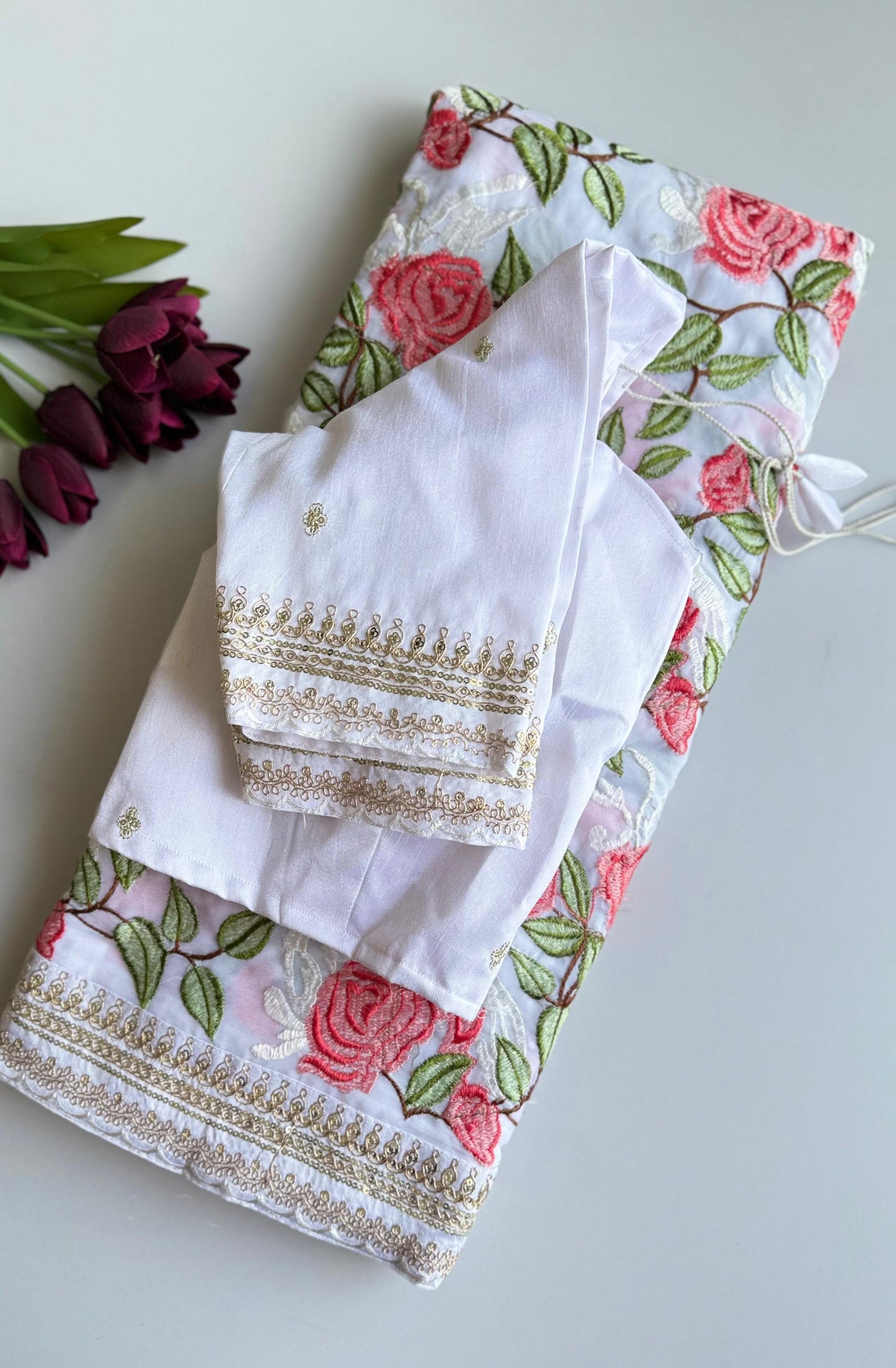 White Georgette Saree with Rose Prints & Antique Border