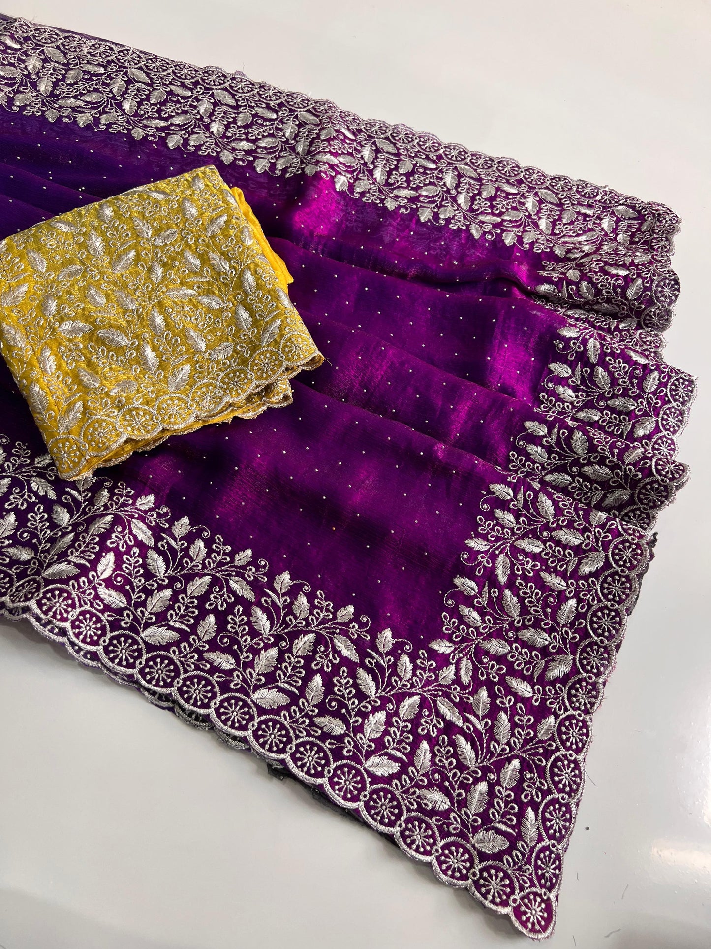 Premium Purple Chiffon Saree with Silver Zari Work & Contrast Blouse