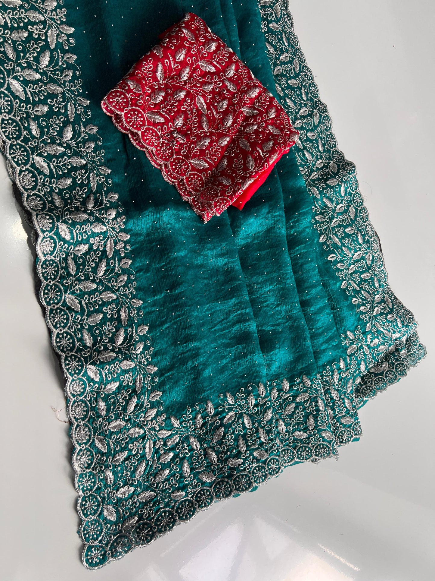 Premium Teal Chiffon Saree with Silver Zari Work & Contrast Blouse