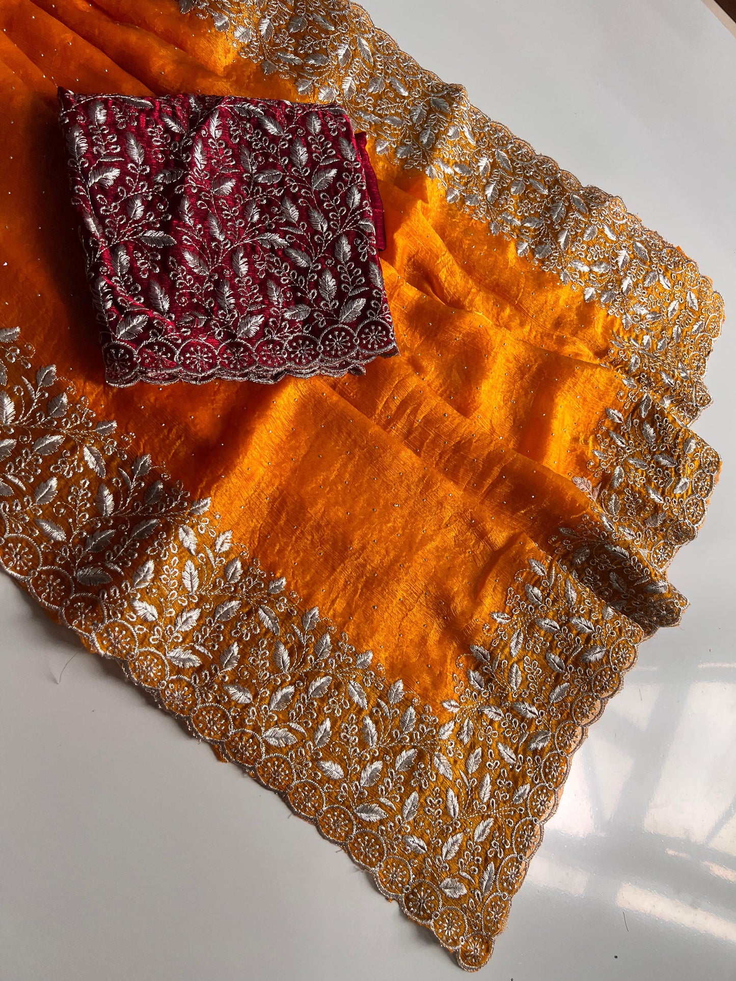 Premium Orange Chiffon Saree with Silver Zari Work & Contrast Blouse