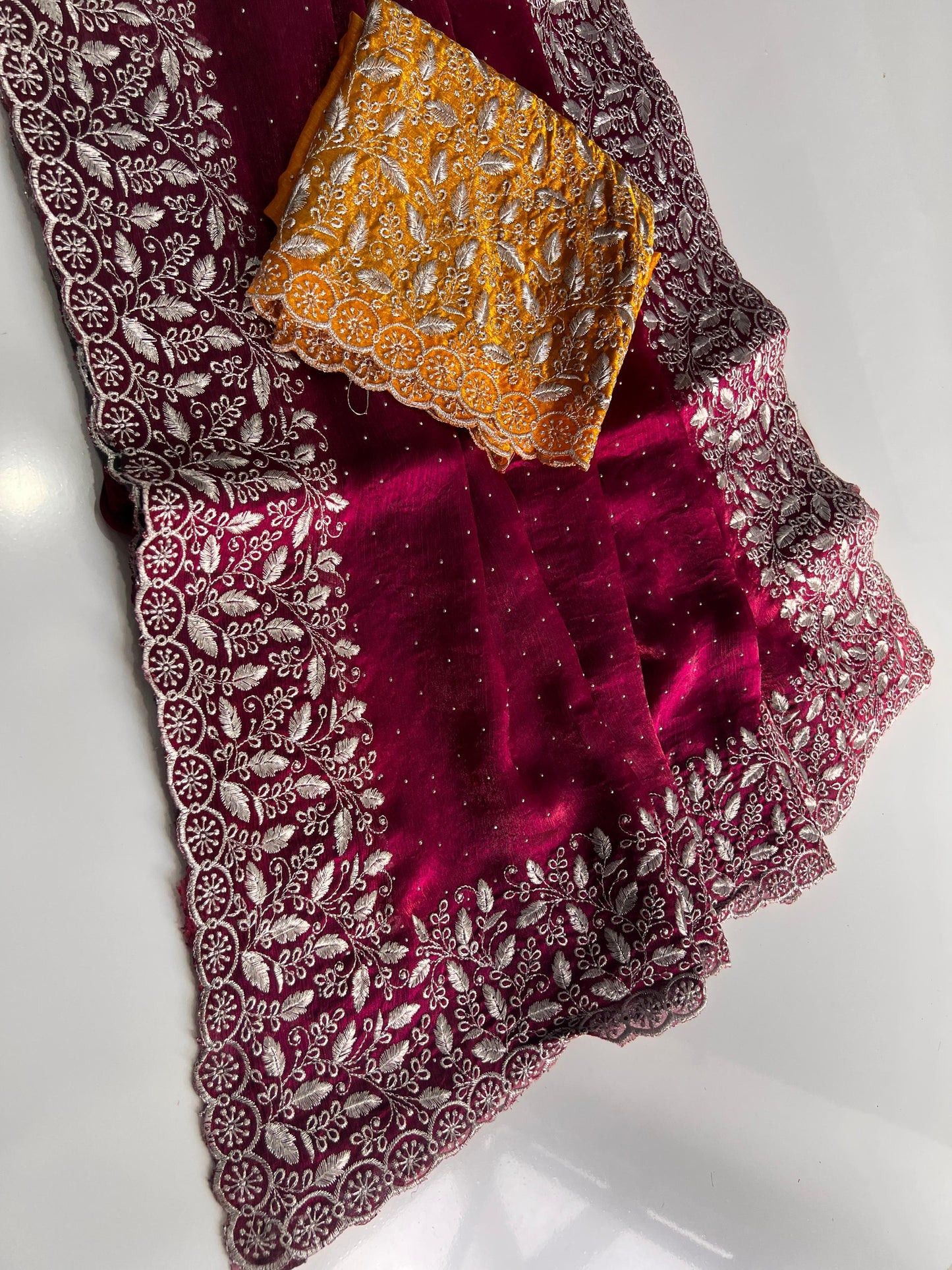 Premium Pink Chiffon Saree with Silver Zari Work & Contrast Blouse