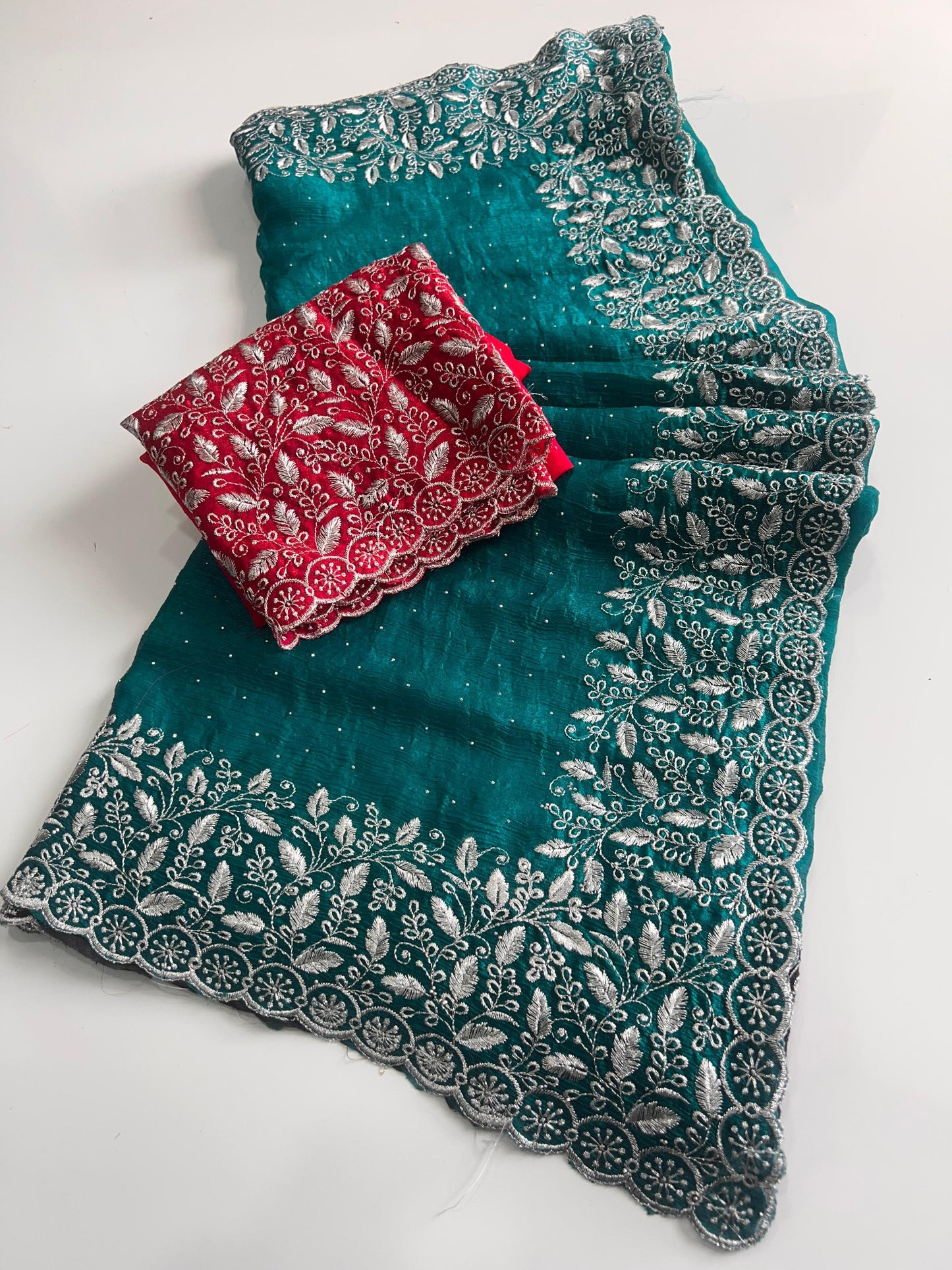 Premium Teal Chiffon Saree with Silver Zari Work & Contrast Blouse