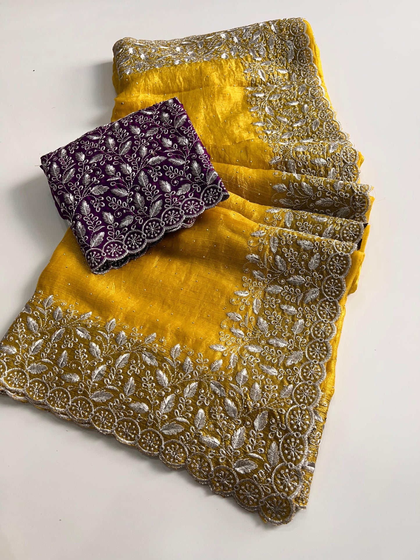 Premium Yellow Chiffon Saree with Silver Zari Work & Contrast Blouse