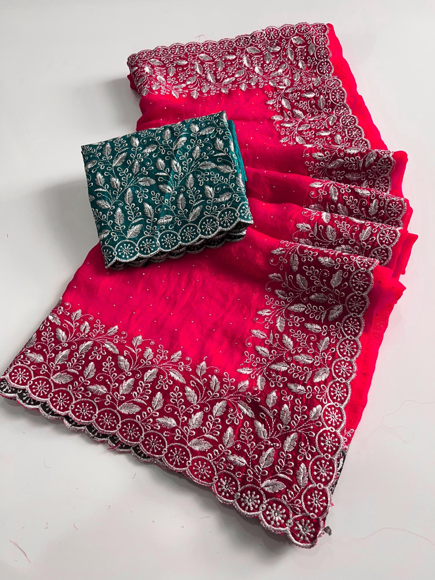 Premium Pink Chiffon Saree with Silver Zari Work & Contrast Blouse