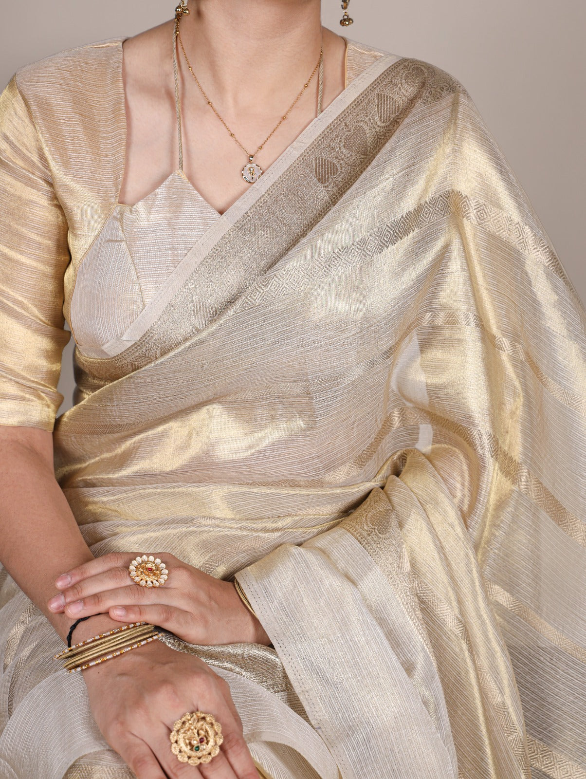 Handwoven Golden Tissue Silk Saree – Classic South Indian Style