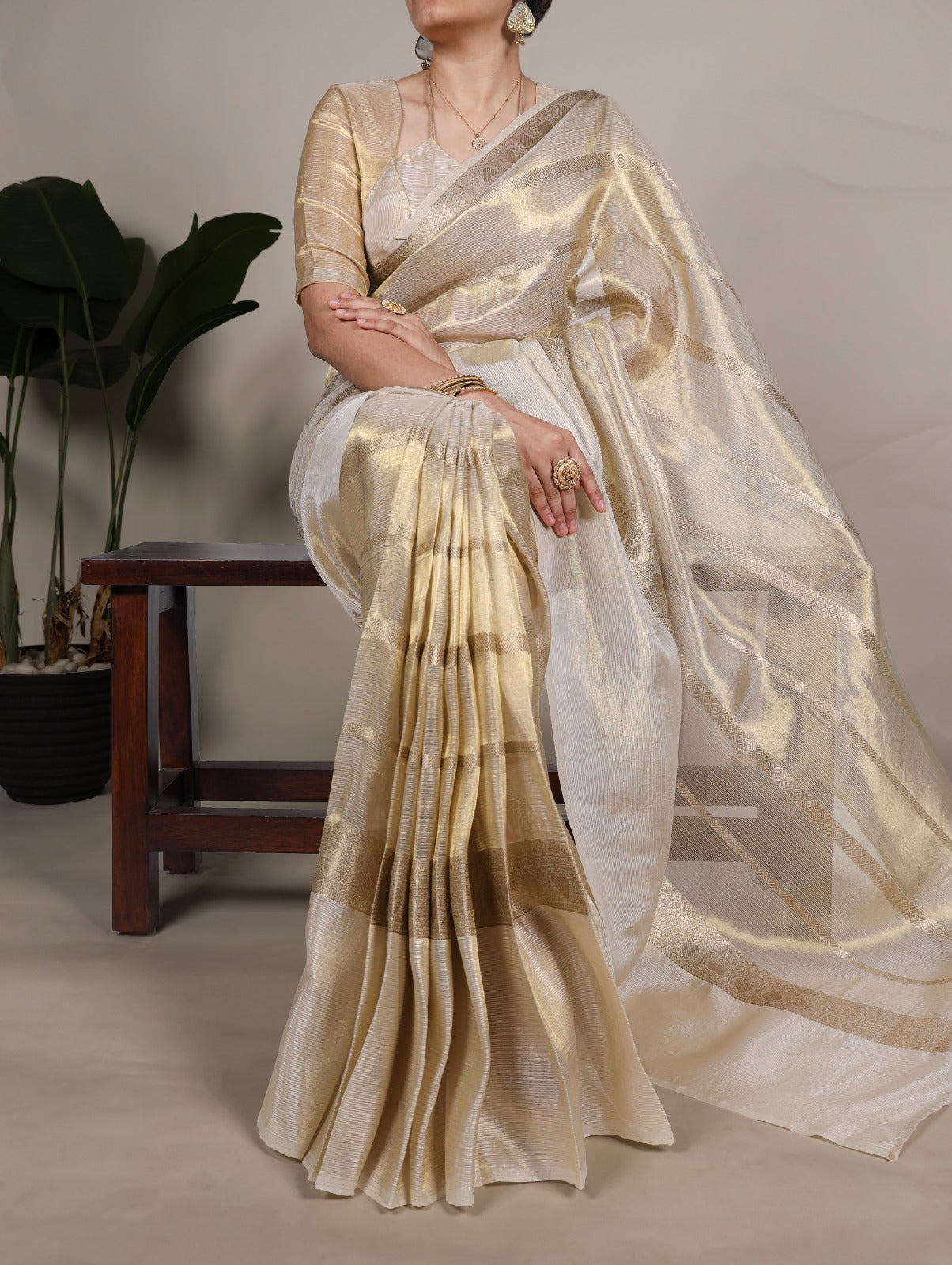 Handwoven Golden Tissue Silk Saree – Classic South Indian Style